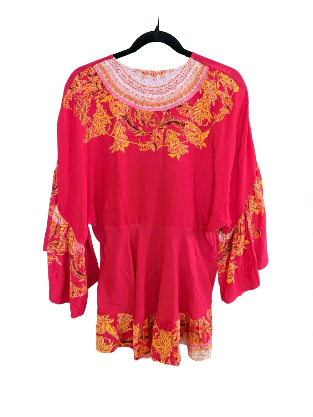 Free People Sunset Dreams Top Small Red Boho Bell Sleeve Flowy Blouse